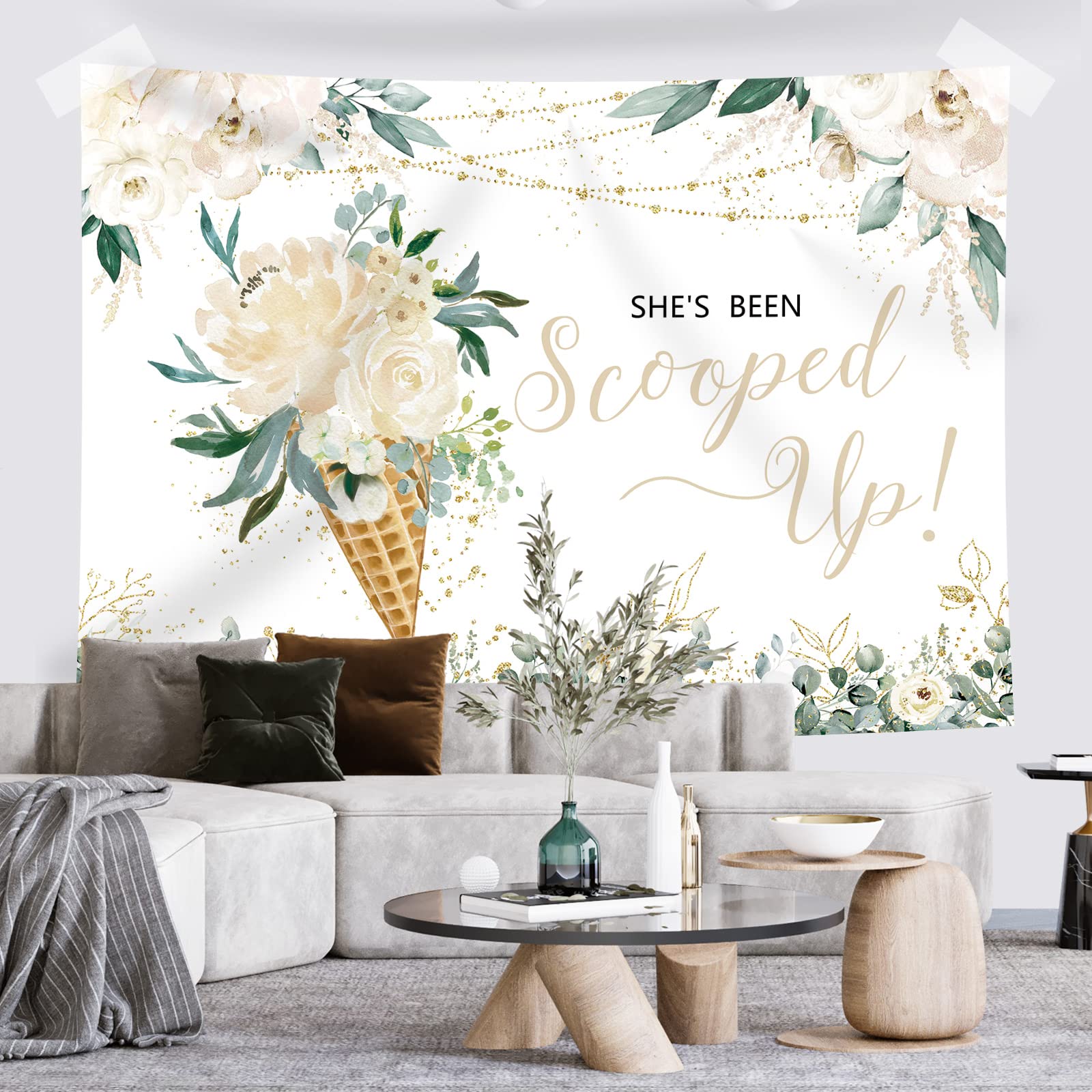 Rsuuinu Ice Cream Bridal Shower Backdrop She's Been Scooped Up White Flowers Green Leaves Photography Background Bridal Shower Party Decorations Cake Table Banner Supplies Photo Booth Props 7x5ft