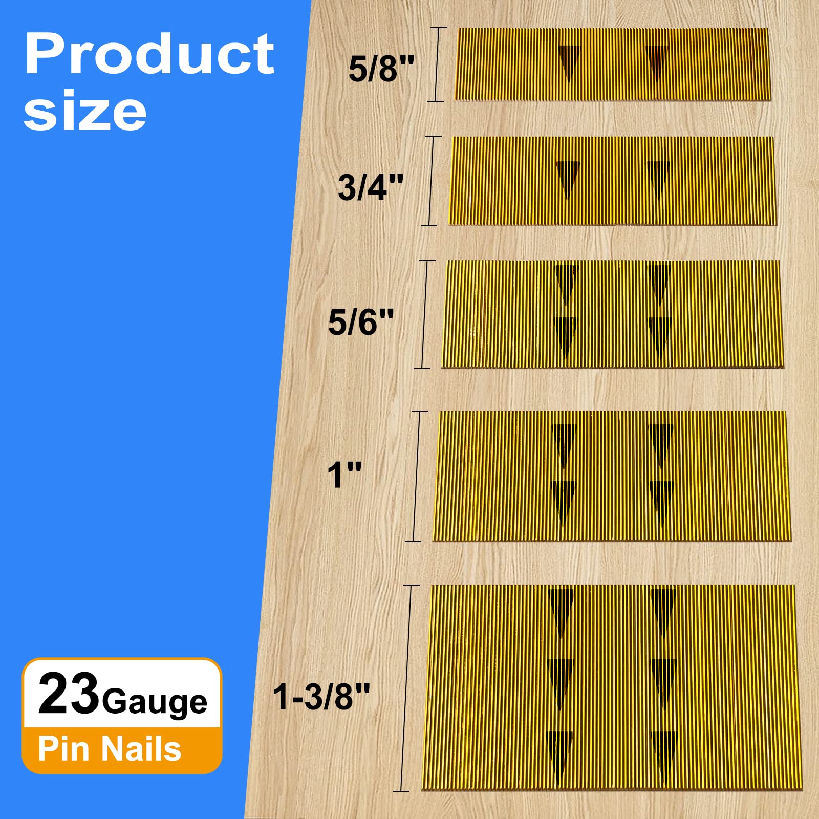 SimCos 23 Gauge Pinner Nails (5/8",3/4",5/6",1",1-3/8") assorted 5 sizes' Headless Pin Nails for 23 GA Pneumatic or Electric Pinner or pin gun,Project Pack (5000)