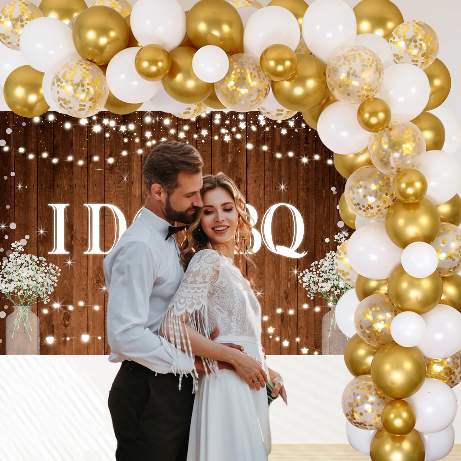 I Do BBQ Bridal Party Decorations Bbq Engagement Party Decor, I Do Bbq Backdrop Banner Rustic Wood Wedding Theme Gold Balloons Kit, Diamond Ring Foil Balloon Glitter for Men Women Couples