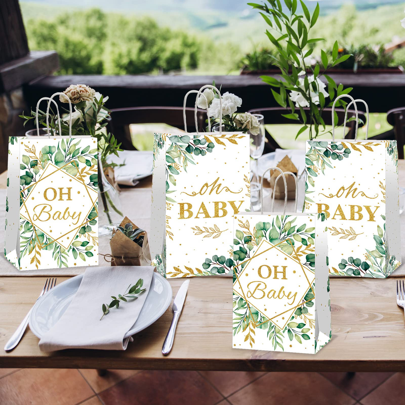 ZOIIWA 12pcs Oh Baby Party Favors Bags Sage Green Candy Bags Eucalyptus Leaf Treat Bags Gold Foil Greenery Goodie Bags for Sage Boho Woodland Neutral Baby Shower Party Decorations Supplies