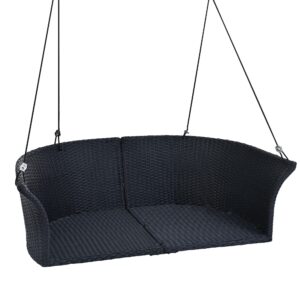 Outdoor Patio Wicker Porch Swings, 51.9" Wide 2 Person Hanging Chair Loveseat with Black Woven Rattan and White Cushions