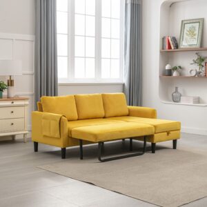 RXRRXY Sectional Sleeper Sofa Bed with Convertible Storage Chaise Lounge, Upholstered L-Shaped Pull Out Sofa Couch Bed with Side Pocket and 3 Removable Pillows for Living Room, Apartment (Yellow)