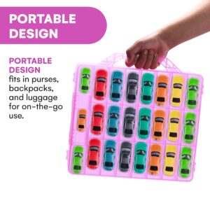 Bins & Things Toy Car Storage Organizer with 48 Compartments - Transparent Portable Car Case Storage Box for Small Items, Craft Supplies, Pills, Earrings - Ideal Organizer for Kids and Adults - Pink