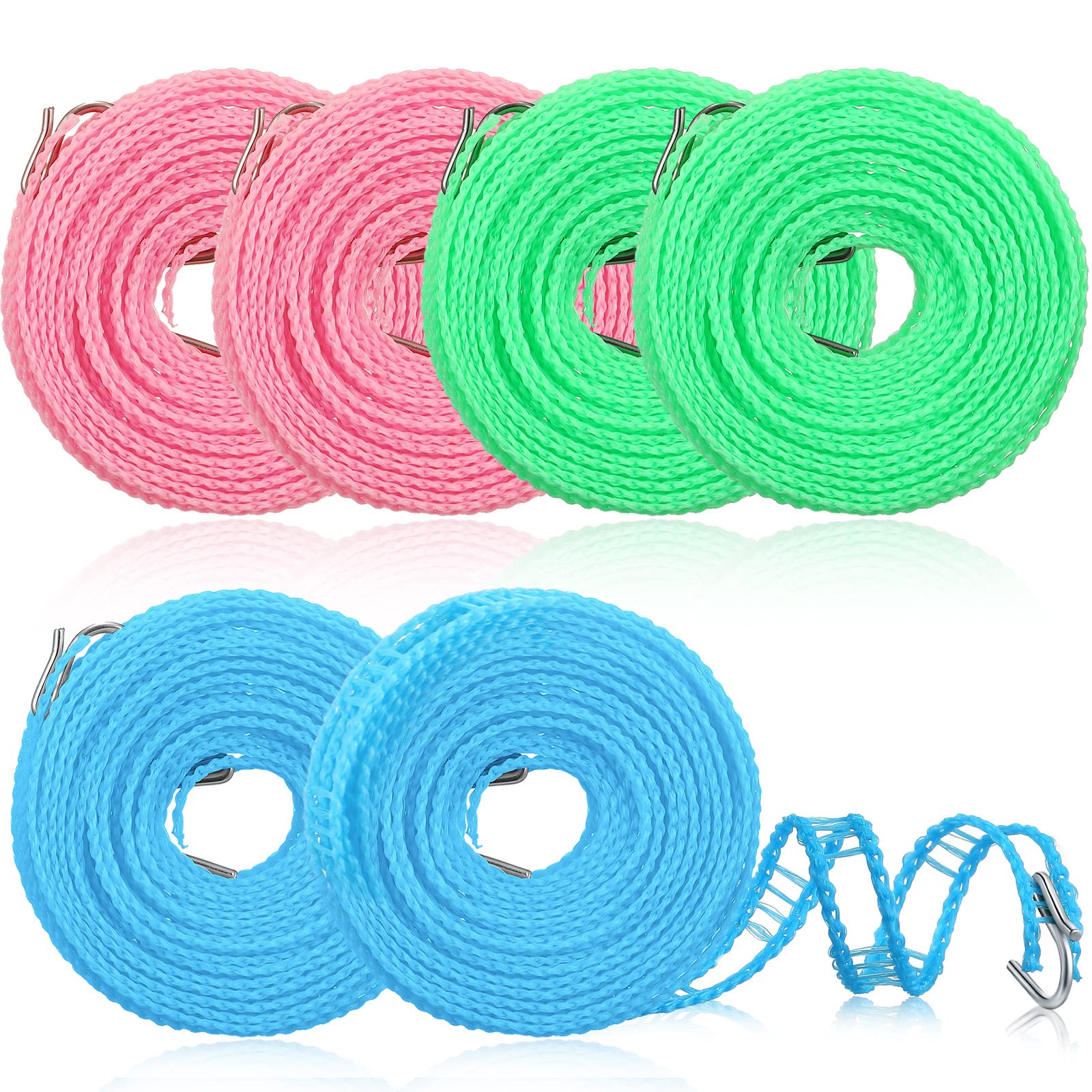 6 Pack Clothesline Windproof Clothesline 16.4 ft Windproof Clothes Drying Rope Blue Pink Green Adjustable Nylon Clothesline Hanging Portable Travel Clothesline for Indoor Outdoor Laundry Camping Home