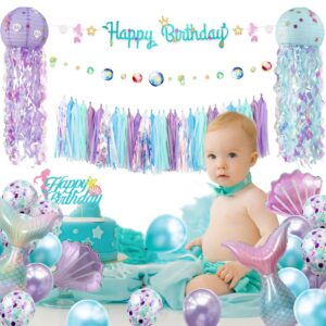 Mermaid Birthday Party Decorations Supplies Banner Tassel Garland Bubble Garland Hanging Jelly Fish Paper Lanterns Balloons Cake Topper Mermaid Happy Birthday Decorations for Kids Girls Women