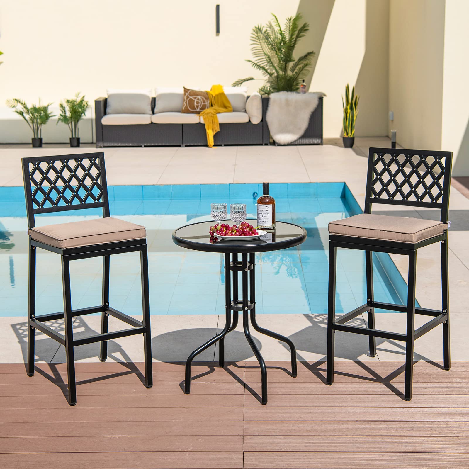 COSTWAY 2 PCS Patio Bar Chairs, Heavy-Duty Metal Frame Bar Stools Set of 2, Indoor Outdoor All-Weather Resistant Barstools with Detachable Cushion & Footrest, for Patio, Garden, Poolside(2)