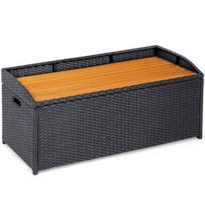 devoko 70 gallon rattan wicker large storage bench deck box outdoor indoor waterproof storage box with wood bench surface for patio furniture cushions, toys, garden and pool tools