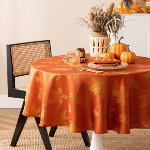 joycloth Fall Tablecloth Autumn Metallic Leaf Weaven Damask Farbric Tablecloths, Spillproof Easy Care Tablecover for Thanksgiving, Harvest, Gathering Party Decoration, Rust, Round 60 Inch