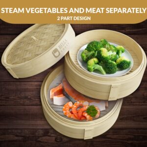 BELLA COOKS Bamboo Steamer for Cooking - Steamer Basket with a Ring - Fits every Pan & Pot - Dumpling Steamer - Incl. Extra Chopsticks & Silicone Liners