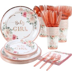 girl baby shower decorations, floral baby girl baby shower party supplies tableware set for your little princess, rose gold baby shower plates and cups and napkins set with utensils -serve 24