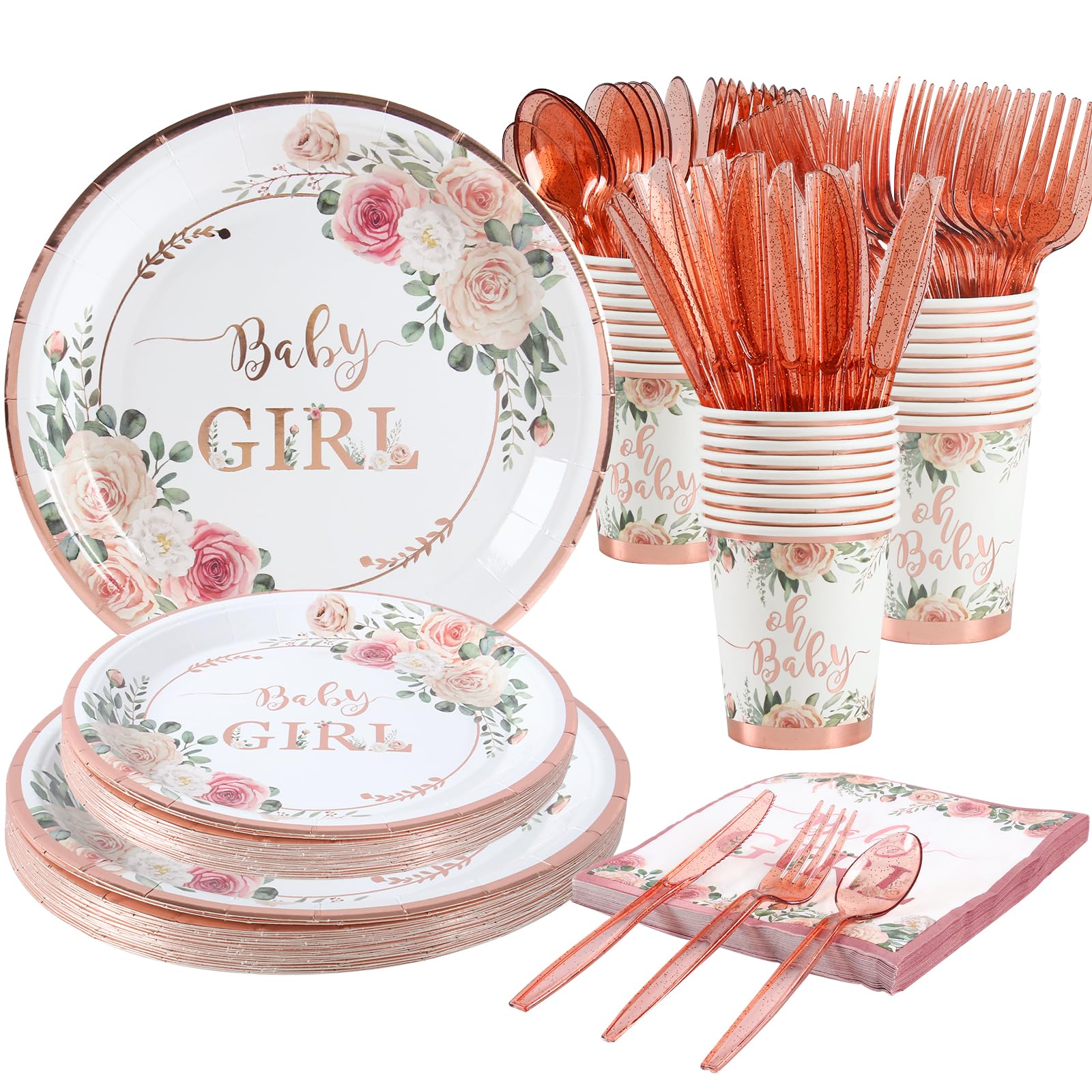 Girl Baby Shower Decorations, Floral Baby Girl Baby Shower Party Supplies Tableware Set for Your Little Princess, Rose Gold Baby Shower Plates and Cups and Napkins Set with Utensils -Serve 24