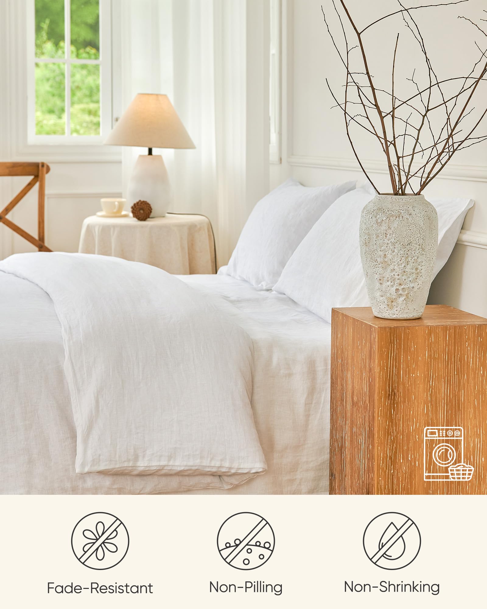 cebihy 100% Linen Duvet Cover Set King 3 Pieces, French Normandy Flax Linen, Cooling, Soft, and Breathable Linen Bedding Set - 1 Duvet Cover 90"x 104", 2 Pillowcases 20"x 40" (White-Queen)