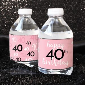 Pink, Black, and White 40th Birthday Party Water Bottle Labels - 24 Waterproof Wrappers, Pink Birthday Decoration for Women