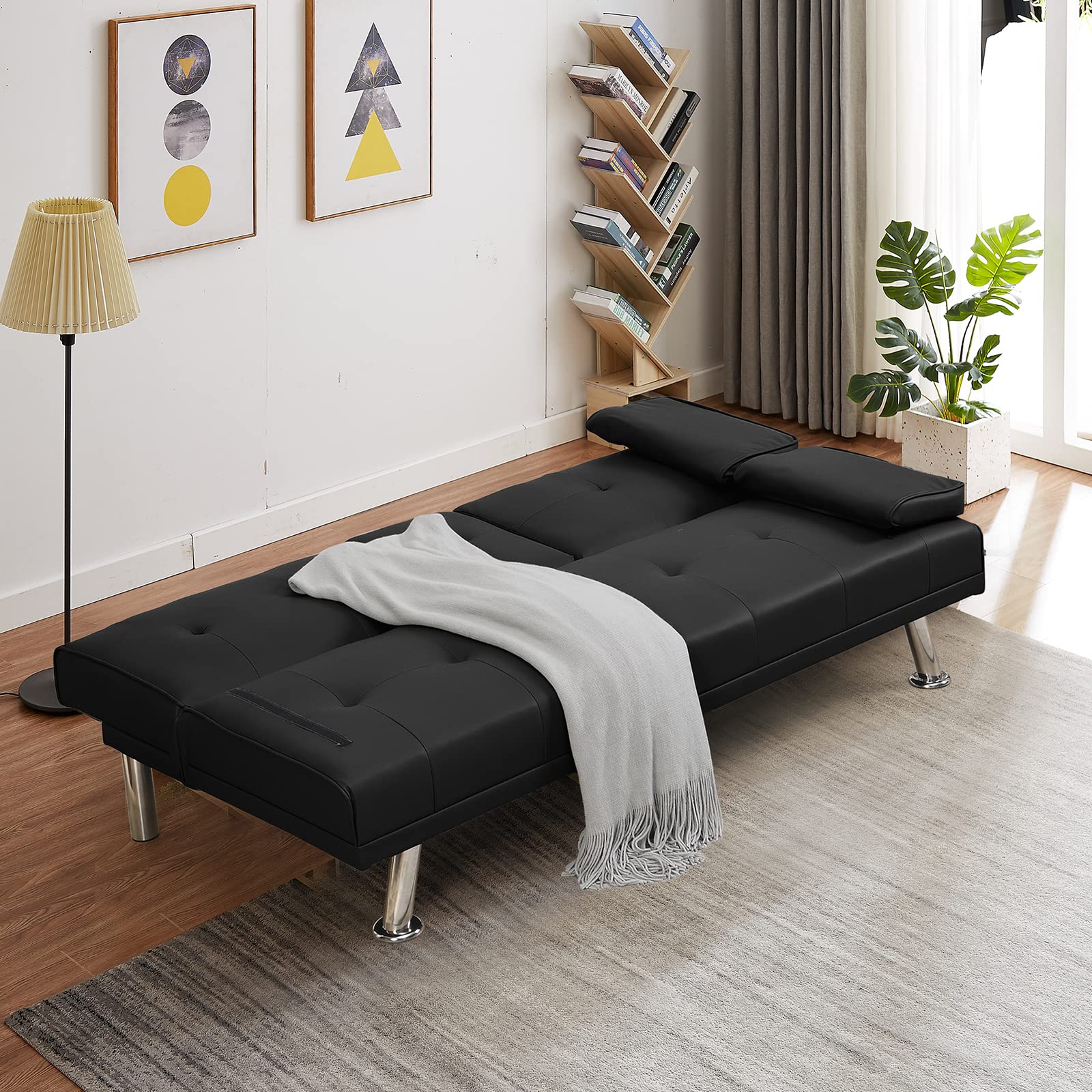 GEEVIVO Futon Sofa Bed, Modern Leather Living Room Sofa, Loveseat Folding Convertible Sofa, Couch Bed Sofa Pull Out with 2 Cup Holders with Armrest in The Middle(Black)