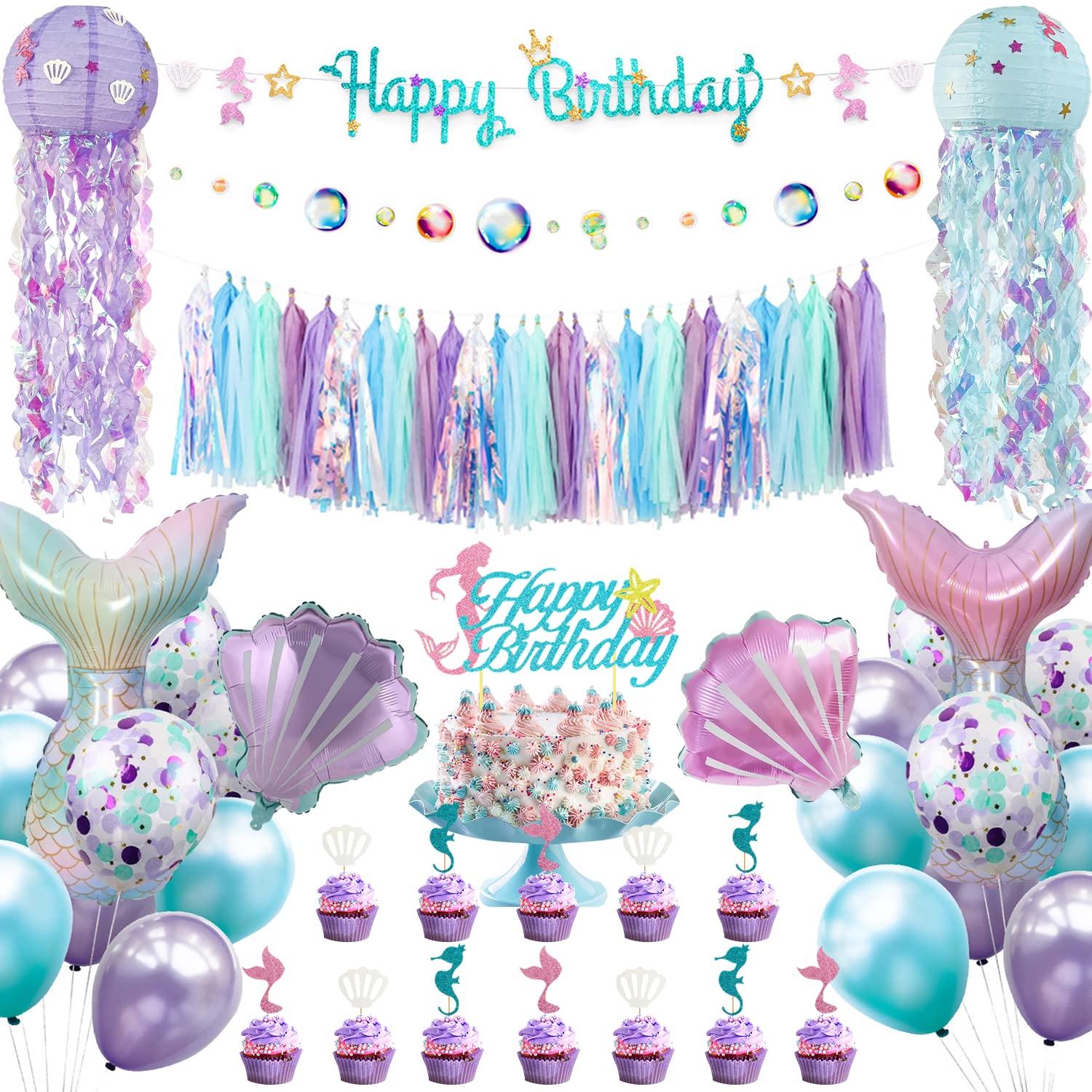 Mermaid Birthday Party Decorations Supplies Banner Tassel Garland Bubble Garland Hanging Jelly Fish Paper Lanterns Balloons Cake Topper Mermaid Happy Birthday Decorations for Kids Girls Women