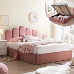 zanmintaobo lift up storage bed full size, upholstered platform bed with hydraulic storage system & wood slats support, full bed frame with headboard, no box spring needed, easy assembly, pink