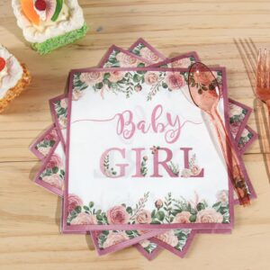 Girl Baby Shower Decorations, Floral Baby Girl Baby Shower Party Supplies Tableware Set for Your Little Princess, Rose Gold Baby Shower Plates and Cups and Napkins Set with Utensils -Serve 24