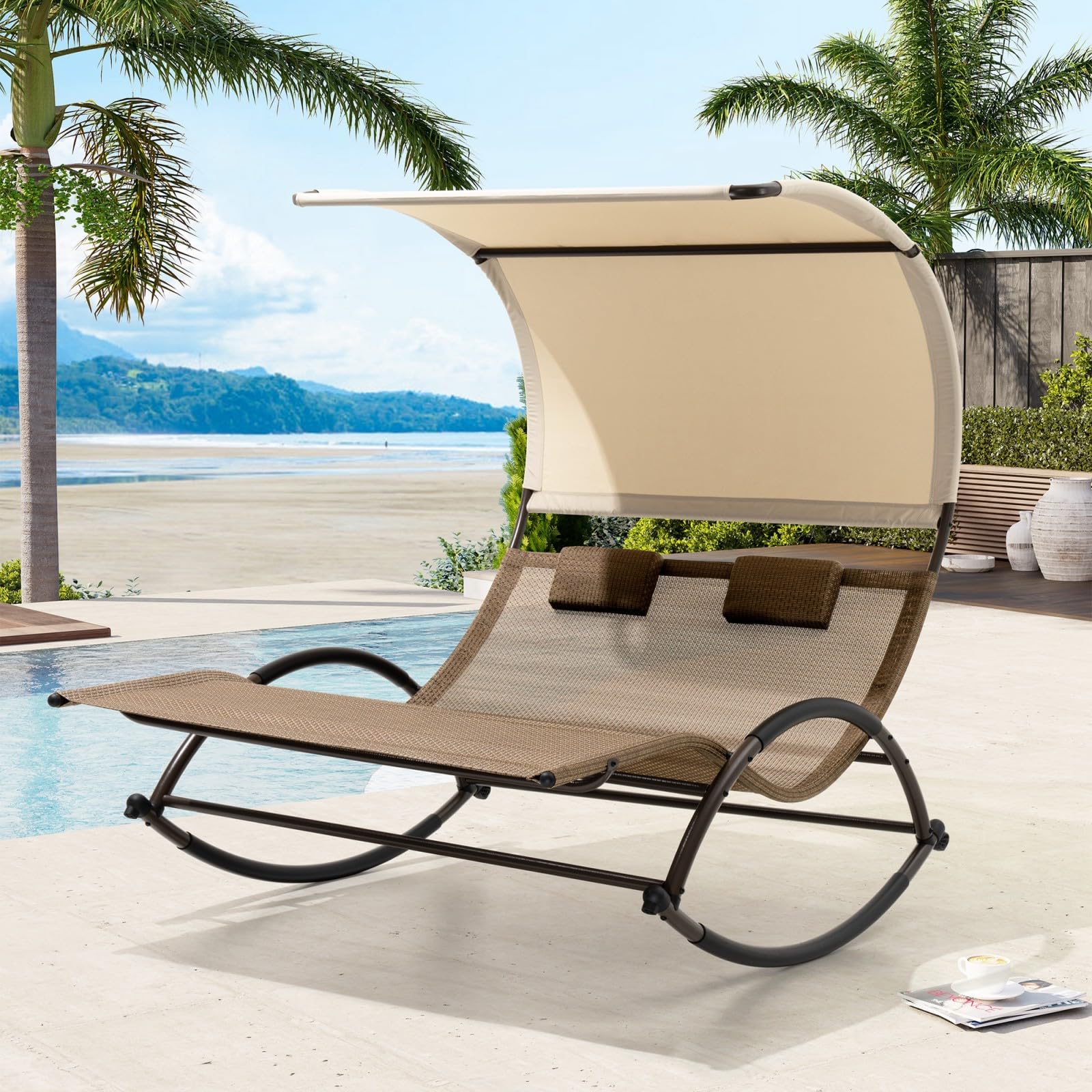 Crestlive Products Outdoor Double Chaise Lounge Chair with Canopy & Wheels, 2 Person Patio Rocking Lounge Chair with Sun Shade & Headrests for Garden, Backyard, Poolside (Brown)