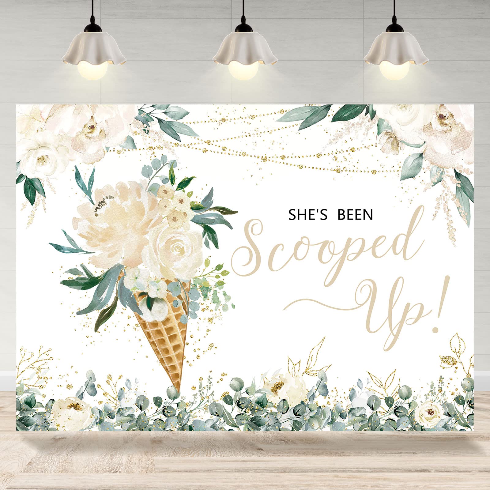 Rsuuinu Ice Cream Bridal Shower Backdrop She's Been Scooped Up White Flowers Green Leaves Photography Background Bridal Shower Party Decorations Cake Table Banner Supplies Photo Booth Props 7x5ft