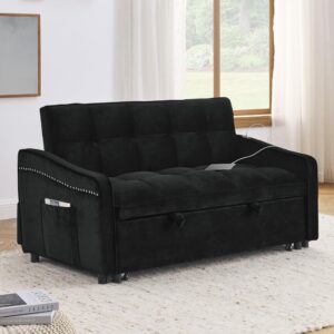 Velvet Upholstered Loveseat Sleeper Sofa w/Side Storage Pockets, 55" 2-Seaters Sofá with Pull-Out Couch Bed with 2 Pillows & Adjustable Backrest for Living Room Apartment Office Compact Space, Black