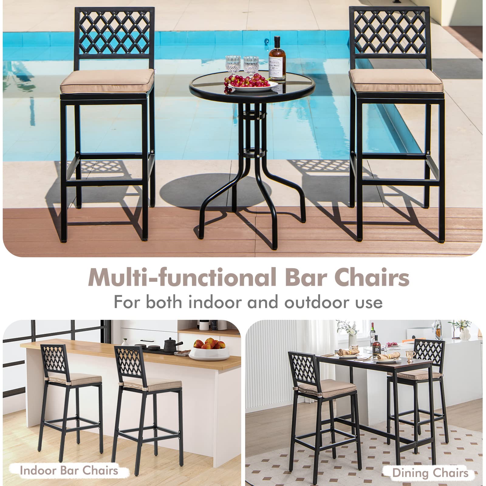 COSTWAY 2 PCS Patio Bar Chairs, Heavy-Duty Metal Frame Bar Stools Set of 2, Indoor Outdoor All-Weather Resistant Barstools with Detachable Cushion & Footrest, for Patio, Garden, Poolside(2)