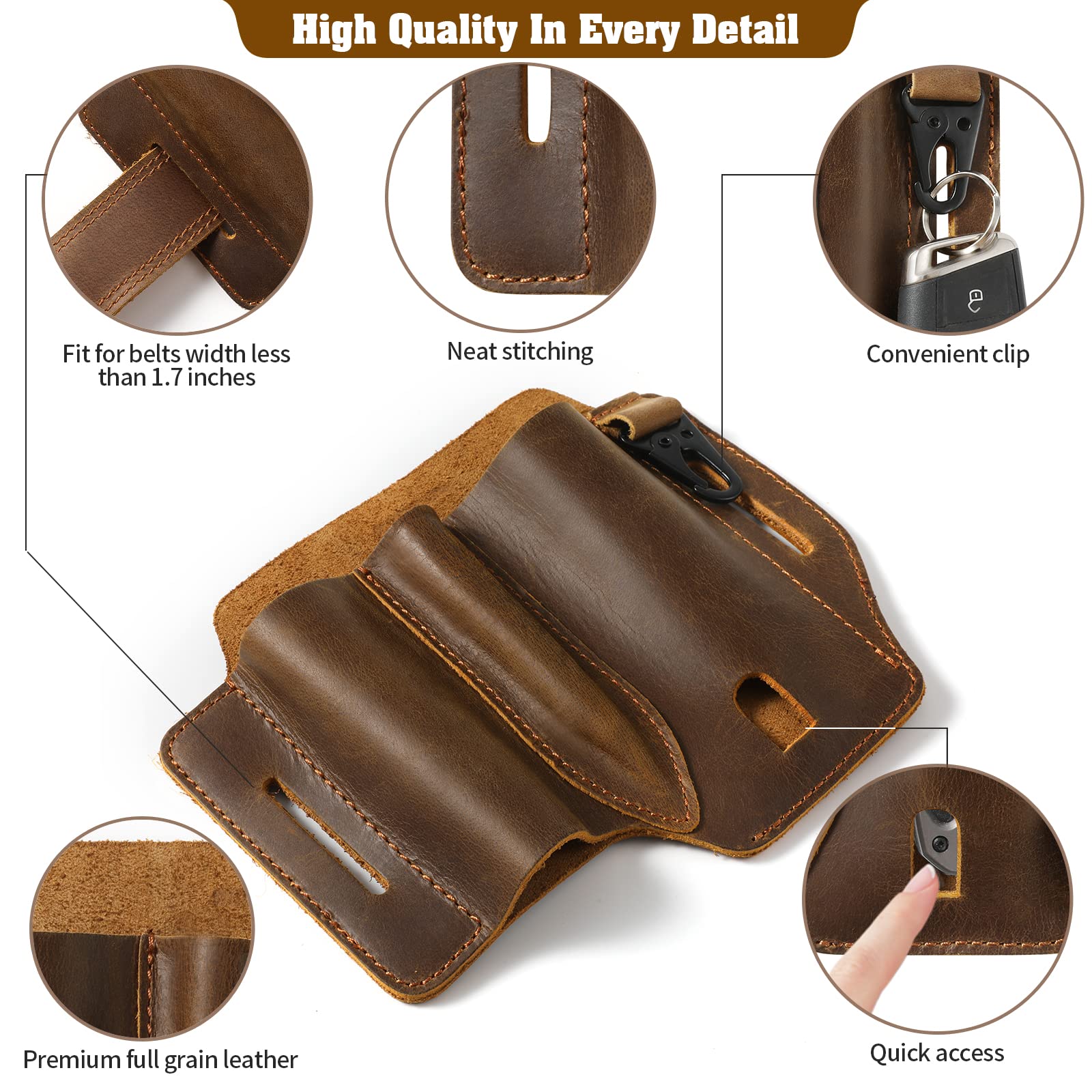 Jack&Chris Leather EDC Multitool Sheath for Belt, EDC Belt Organizer for Leatherman Tools, EDC Pocket Organizer for Men with Pen Holder, Key Fob, Flashlight Sheath, Brown, JC302-8