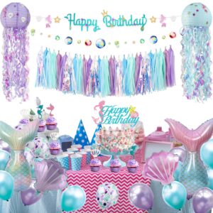 Mermaid Birthday Party Decorations Supplies Banner Tassel Garland Bubble Garland Hanging Jelly Fish Paper Lanterns Balloons Cake Topper Mermaid Happy Birthday Decorations for Kids Girls Women