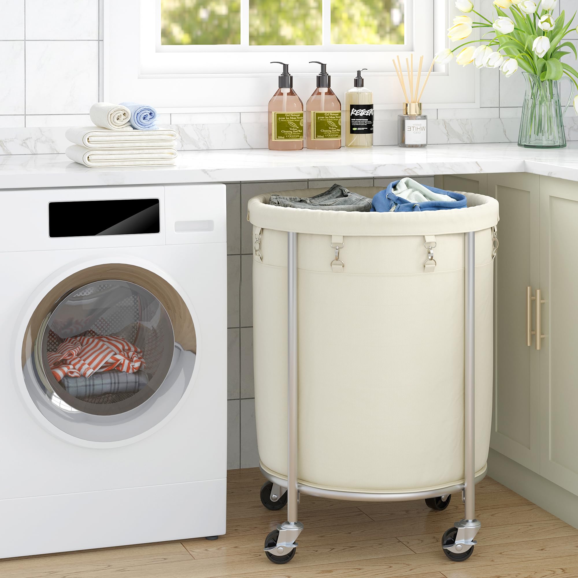 ELYKEN Laundry Basket with Wheels, 170L Rolling Laundry Hamper with Removable Bag and Steel Frame, Round Laundry Cart with 4 Casters and 2 Brakes, Ideal for Bedroom, Bathroom, Laundry Room, Cream