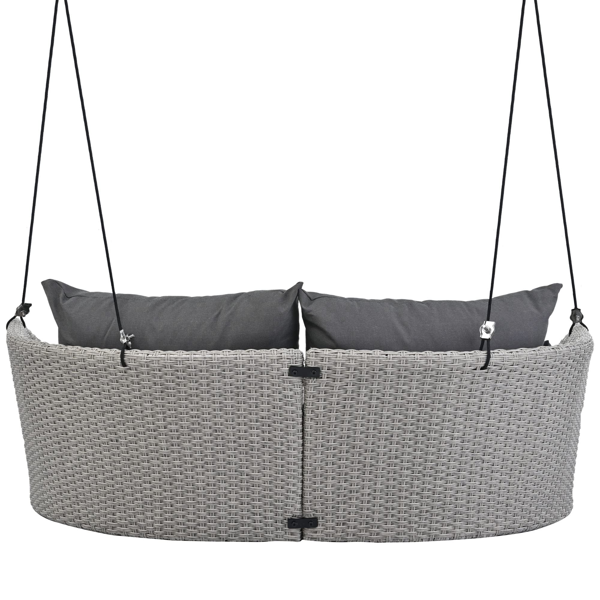 51.9” 2 Person PE Wicker Porch Swing Chair, Rattan Woven Swing Chair Hanging Seat with Adjustable Rope, Porch Swing Hanging Patio Bench with Comfortable Cushion (Gray Wicker and Light Gray Cushion)