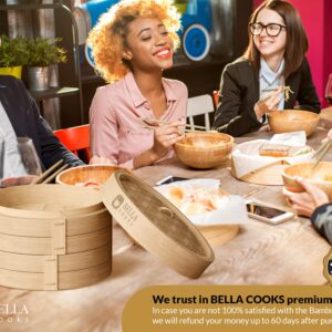 BELLA COOKS Bamboo Steamer for Cooking - Steamer Basket with a Ring - Fits every Pan & Pot - Dumpling Steamer - Incl. Extra Chopsticks & Silicone Liners