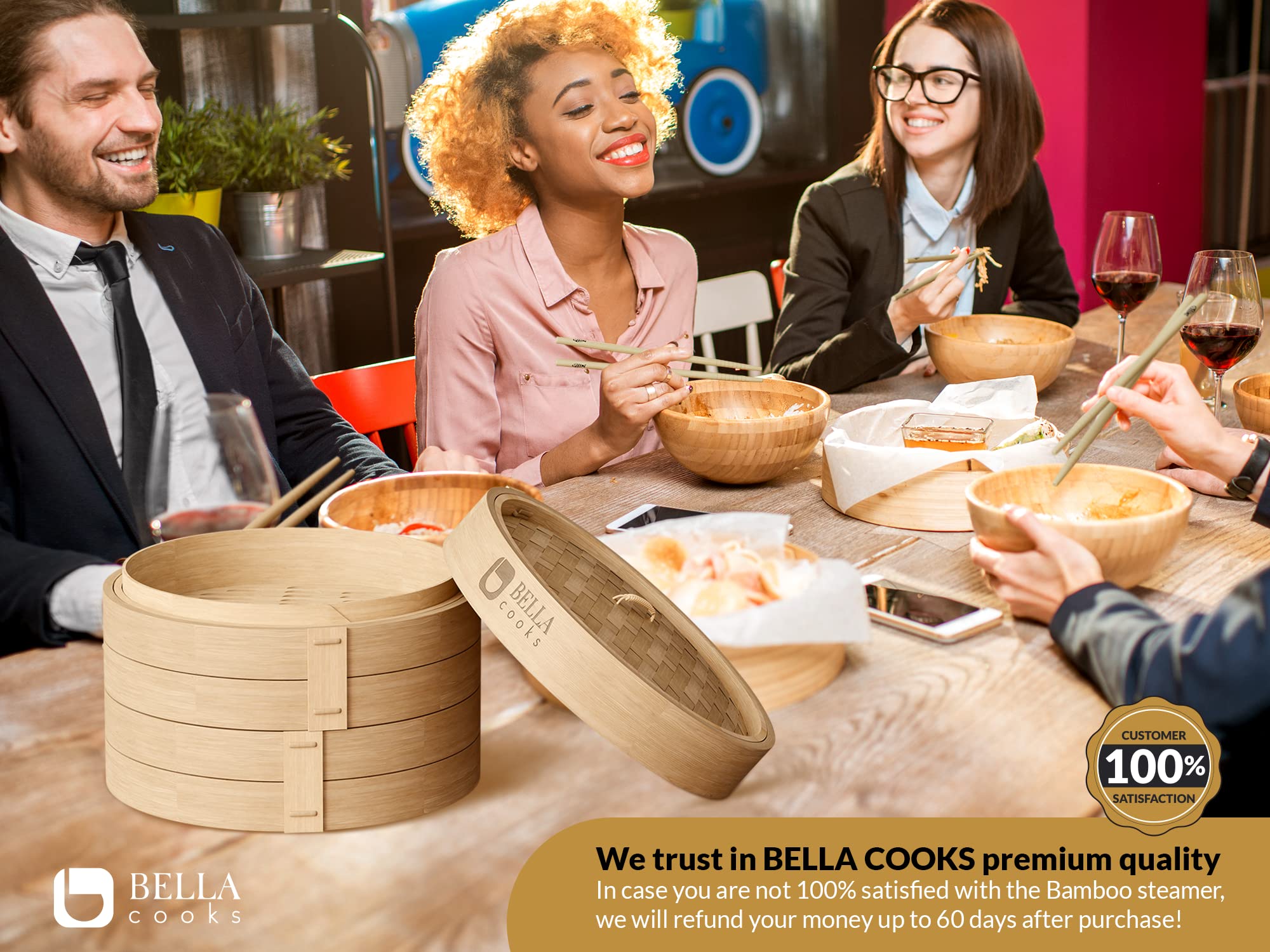 BELLA COOKS Bamboo Steamer for Cooking - Steamer Basket with a Ring - Fits every Pan & Pot - Dumpling Steamer - Incl. Extra Chopsticks & Silicone Liners