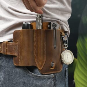 Jack&Chris Leather EDC Multitool Sheath for Belt, EDC Belt Organizer for Leatherman Tools, EDC Pocket Organizer for Men with Pen Holder, Key Fob, Flashlight Sheath, Brown, JC302-8