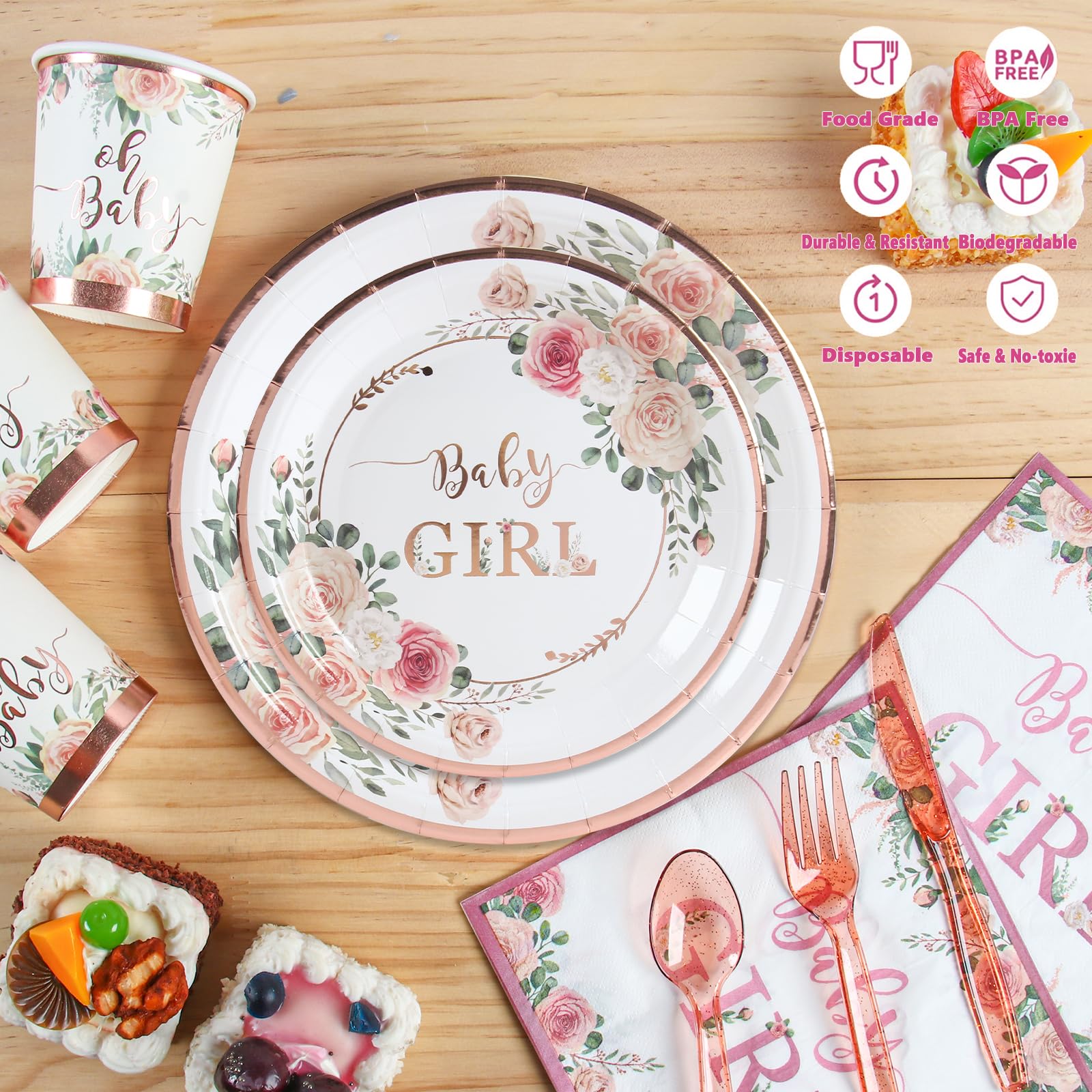 Girl Baby Shower Decorations, Floral Baby Girl Baby Shower Party Supplies Tableware Set for Your Little Princess, Rose Gold Baby Shower Plates and Cups and Napkins Set with Utensils -Serve 24