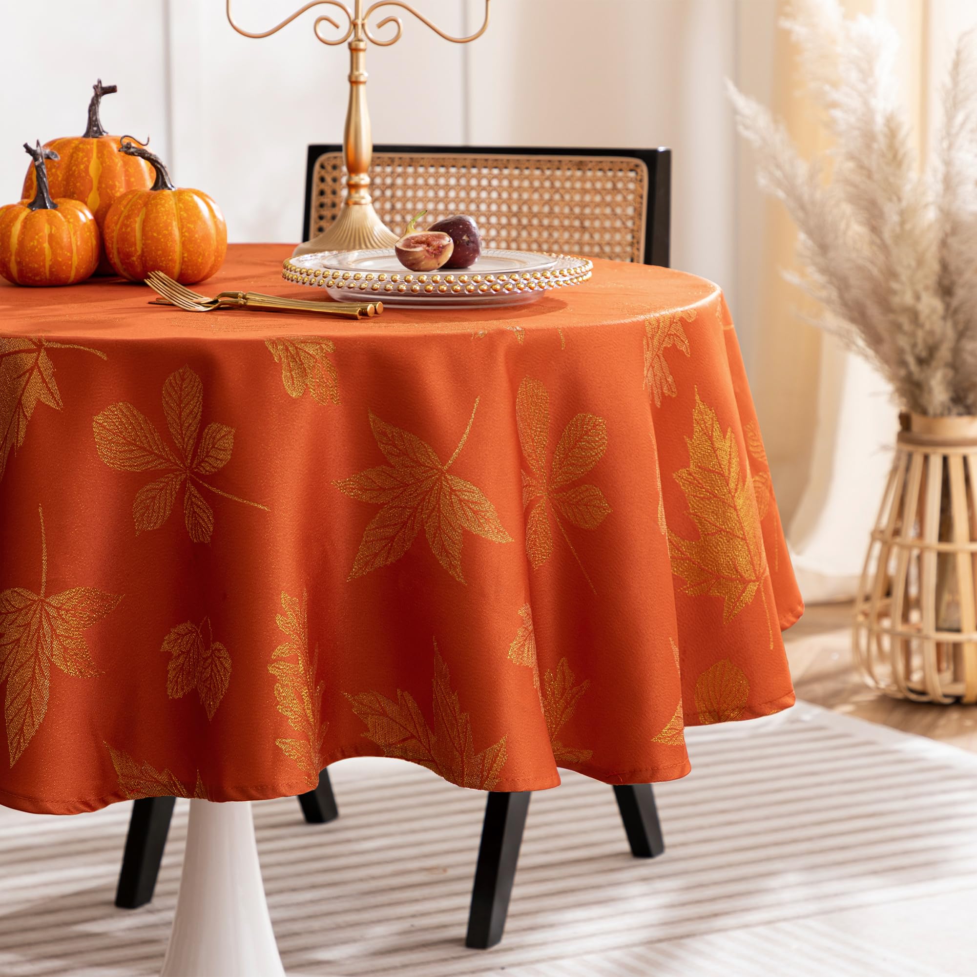 joycloth Fall Tablecloth Autumn Metallic Leaf Weaven Damask Farbric Tablecloths, Spillproof Easy Care Tablecover for Thanksgiving, Harvest, Gathering Party Decoration, Rust, Round 60 Inch