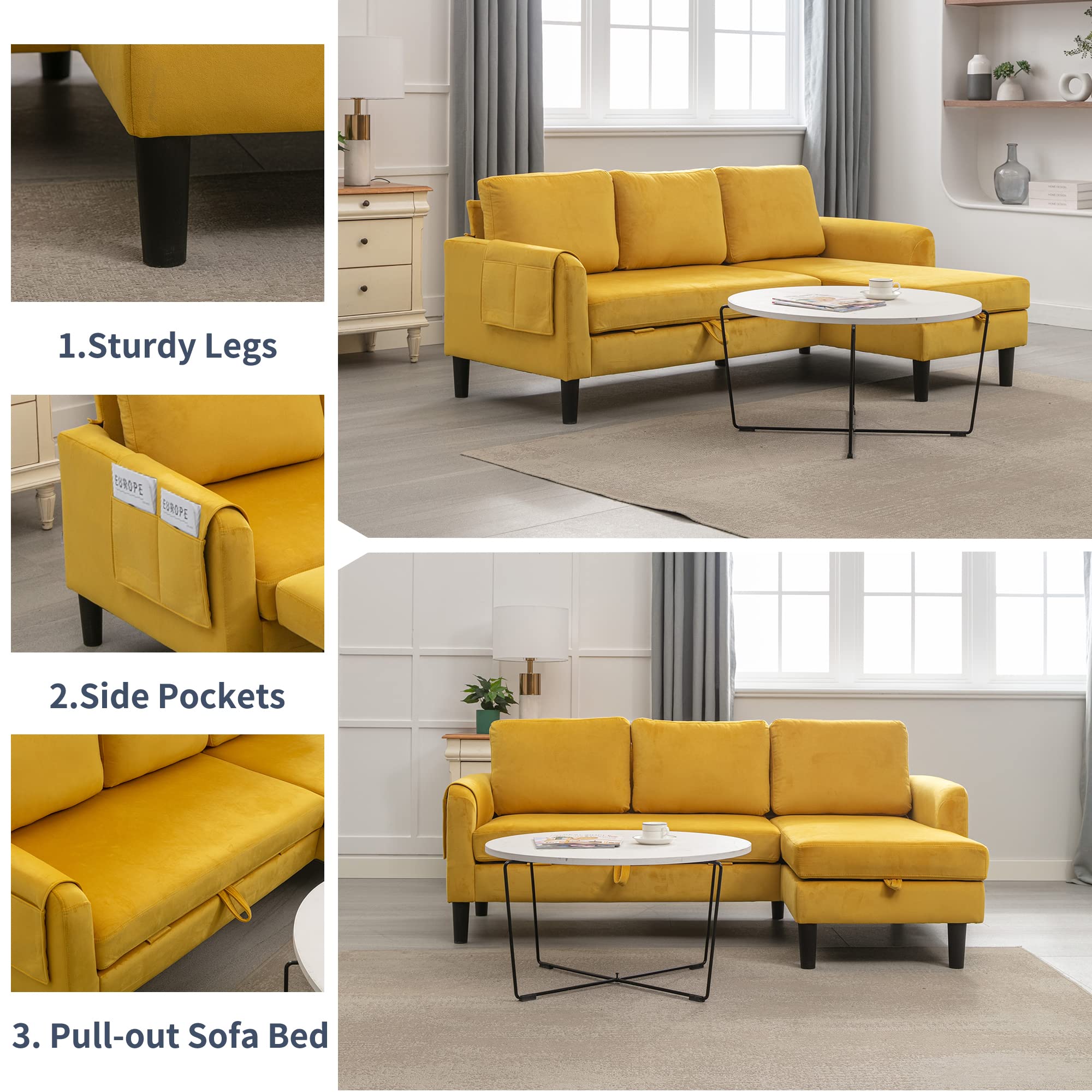 Hdxdkog L-Shaped Sectional Sofa with Pull-Out Bed 72" Sectional Sleeper Sofa Bed with Storage Chaise Lounge and Pocket, Upholstered Corner Couch for Living Room Home Office (Mustard)