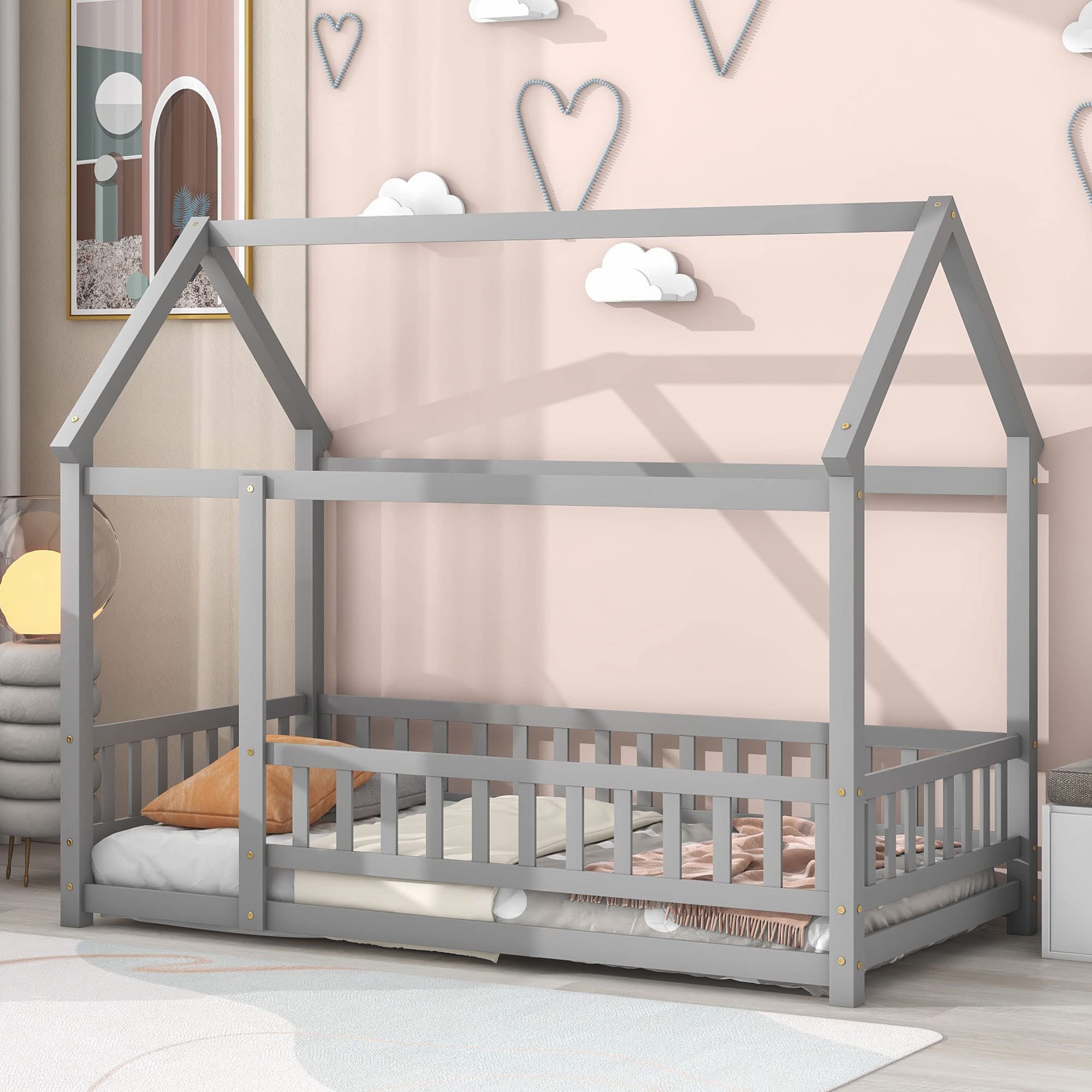 i-POOK Twin Size House Bed Wooden Floor Bed with Roof and Fence Guardrails Montessori Bed Playhouse Bed for Children Girls and Boys, Gray(No Bed Slats)