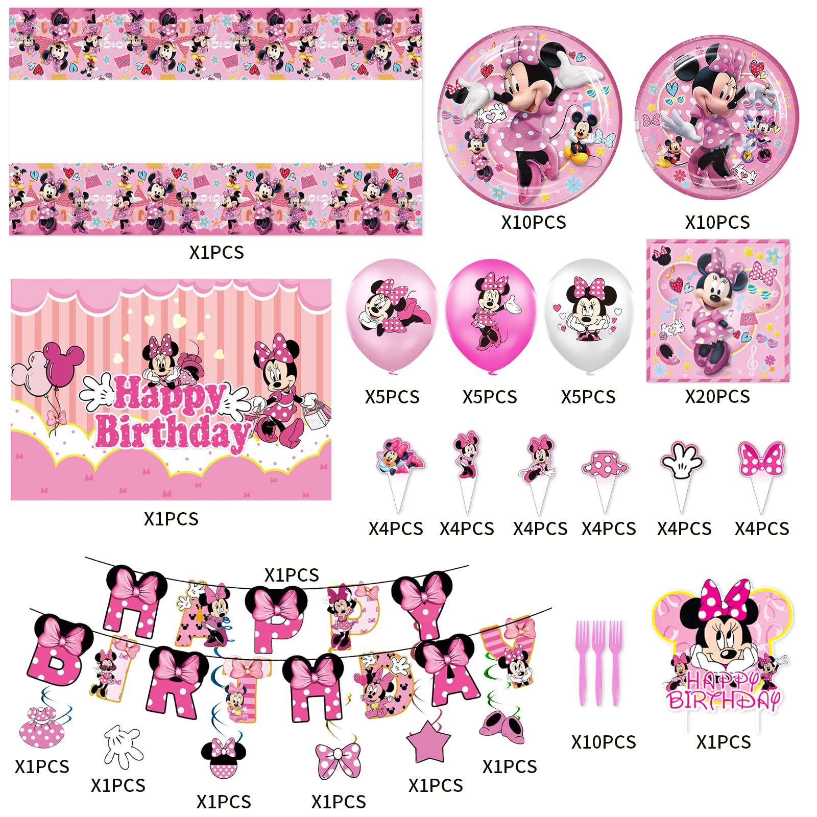 Minnie Birthday Party Supplies, Minnie Birthday Party Balloon Decorations Theme, Include Happy Birthday Banner, Hanging Swirl, Backdrop, Cake & Cupcake Topper, Tablecloth, Birthday Party For Kids