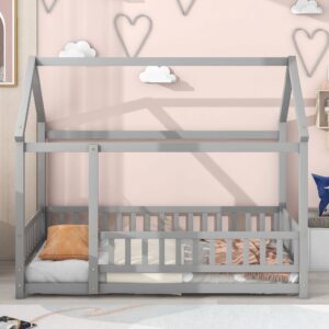 i-pook twin size house bed wooden floor bed with roof and fence guardrails montessori bed playhouse bed for children girls and boys, gray(no bed slats)