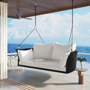 outdoor patio wicker porch swings, 51.9" wide 2 person hanging chair loveseat with black woven rattan and white cushions