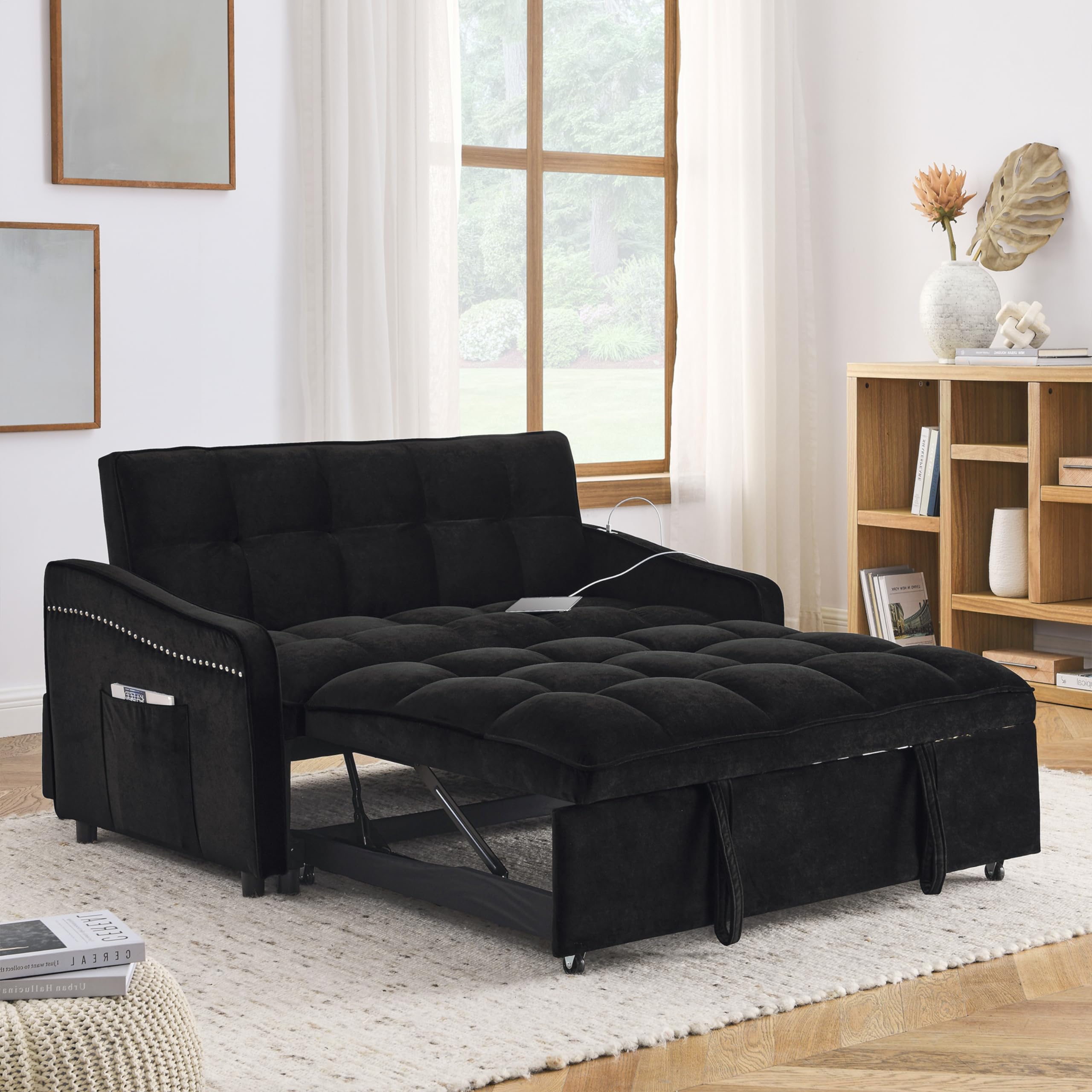 Velvet Upholstered Loveseat Sleeper Sofa w/Side Storage Pockets, 55" 2-Seaters Sofá with Pull-Out Couch Bed with 2 Pillows & Adjustable Backrest for Living Room Apartment Office Compact Space, Black