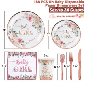 Girl Baby Shower Decorations, Floral Baby Girl Baby Shower Party Supplies Tableware Set for Your Little Princess, Rose Gold Baby Shower Plates and Cups and Napkins Set with Utensils -Serve 24