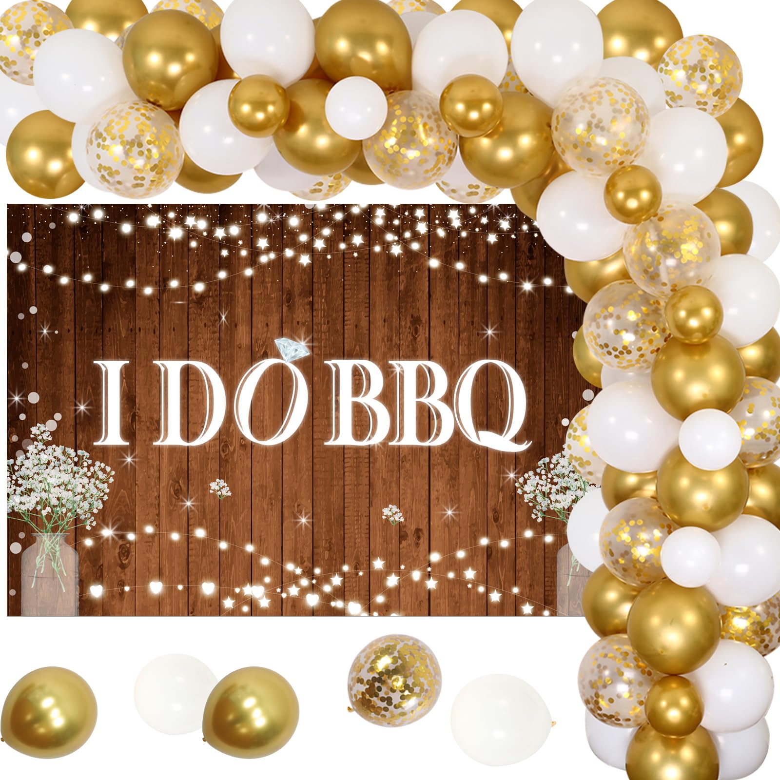 I Do BBQ Bridal Party Decorations Bbq Engagement Party Decor, I Do Bbq Backdrop Banner Rustic Wood Wedding Theme Gold Balloons Kit, Diamond Ring Foil Balloon Glitter for Men Women Couples