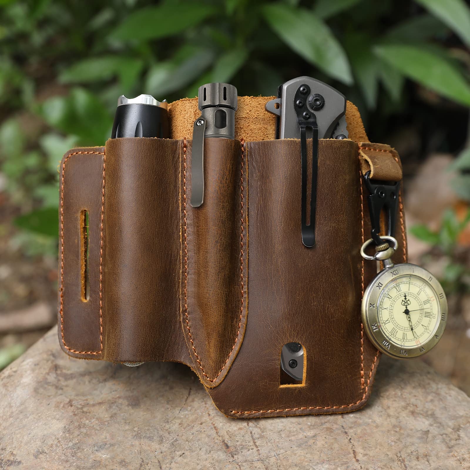 Jack&Chris Leather EDC Multitool Sheath for Belt, EDC Belt Organizer for Leatherman Tools, EDC Pocket Organizer for Men with Pen Holder, Key Fob, Flashlight Sheath, Brown, JC302-8