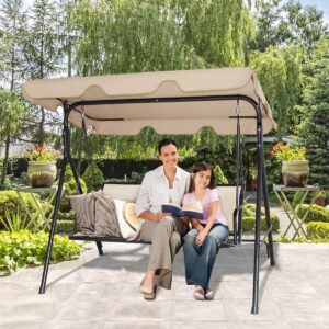 GRAFFY 3-Seat Deluxe Outdoor Swing with Weather Resistant Steel Frame & Polyester Angle Adjustable Tilt Canopy, 3 Person Porch Swing, Suitable for Patio, Garden, Poolside, Balcony, Brown