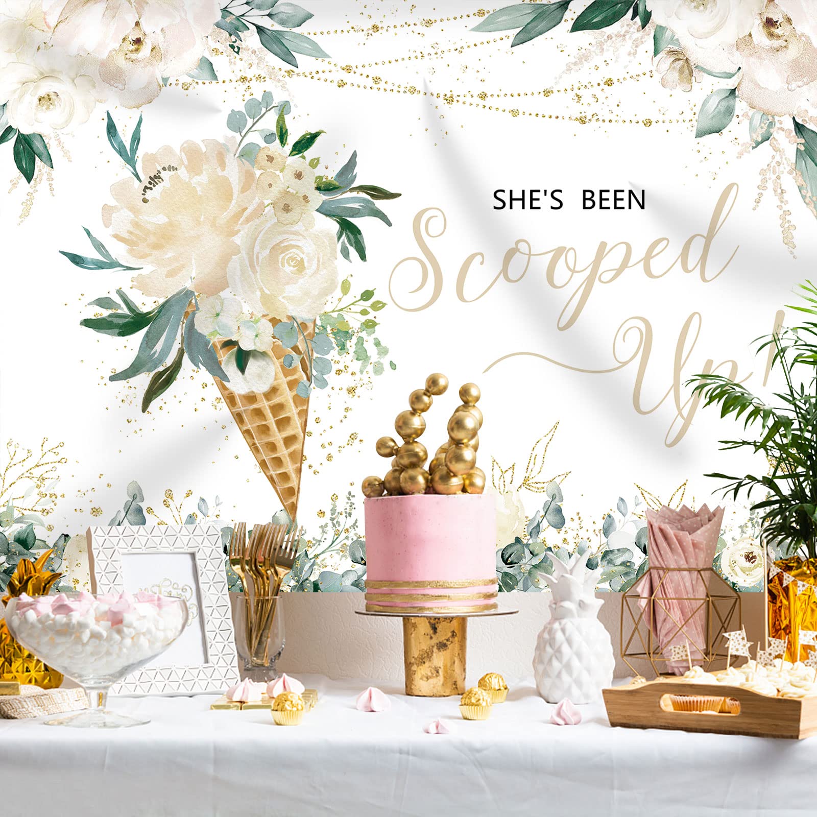 Rsuuinu Ice Cream Bridal Shower Backdrop She's Been Scooped Up White Flowers Green Leaves Photography Background Bridal Shower Party Decorations Cake Table Banner Supplies Photo Booth Props 7x5ft