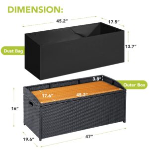 Devoko 70 Gallon Rattan Wicker Large Storage Bench Deck Box Outdoor Indoor Waterproof Storage Box with Wood Bench Surface for Patio Furniture Cushions, Toys, Garden and Pool Tools