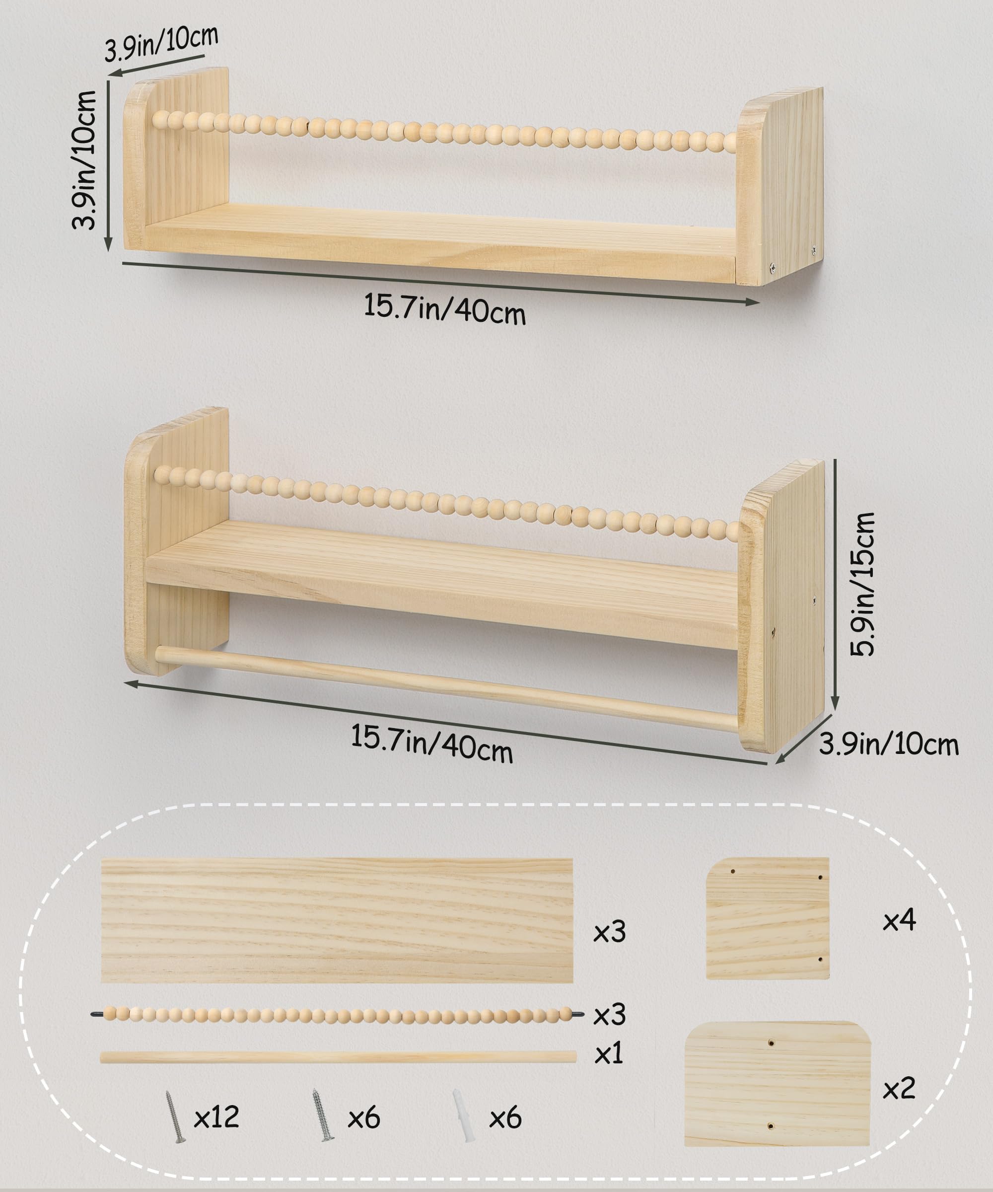 Mazjoaru Nursery Book Shelves for Wall Set of 3, Natural Wood Bookshelves Wall Decor, Small Floating Shelf Organizer for Kids Room, Bedroom, Kitchen Spice Rack