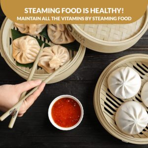 BELLA COOKS Bamboo Steamer for Cooking - Steamer Basket with a Ring - Fits every Pan & Pot - Dumpling Steamer - Incl. Extra Chopsticks & Silicone Liners