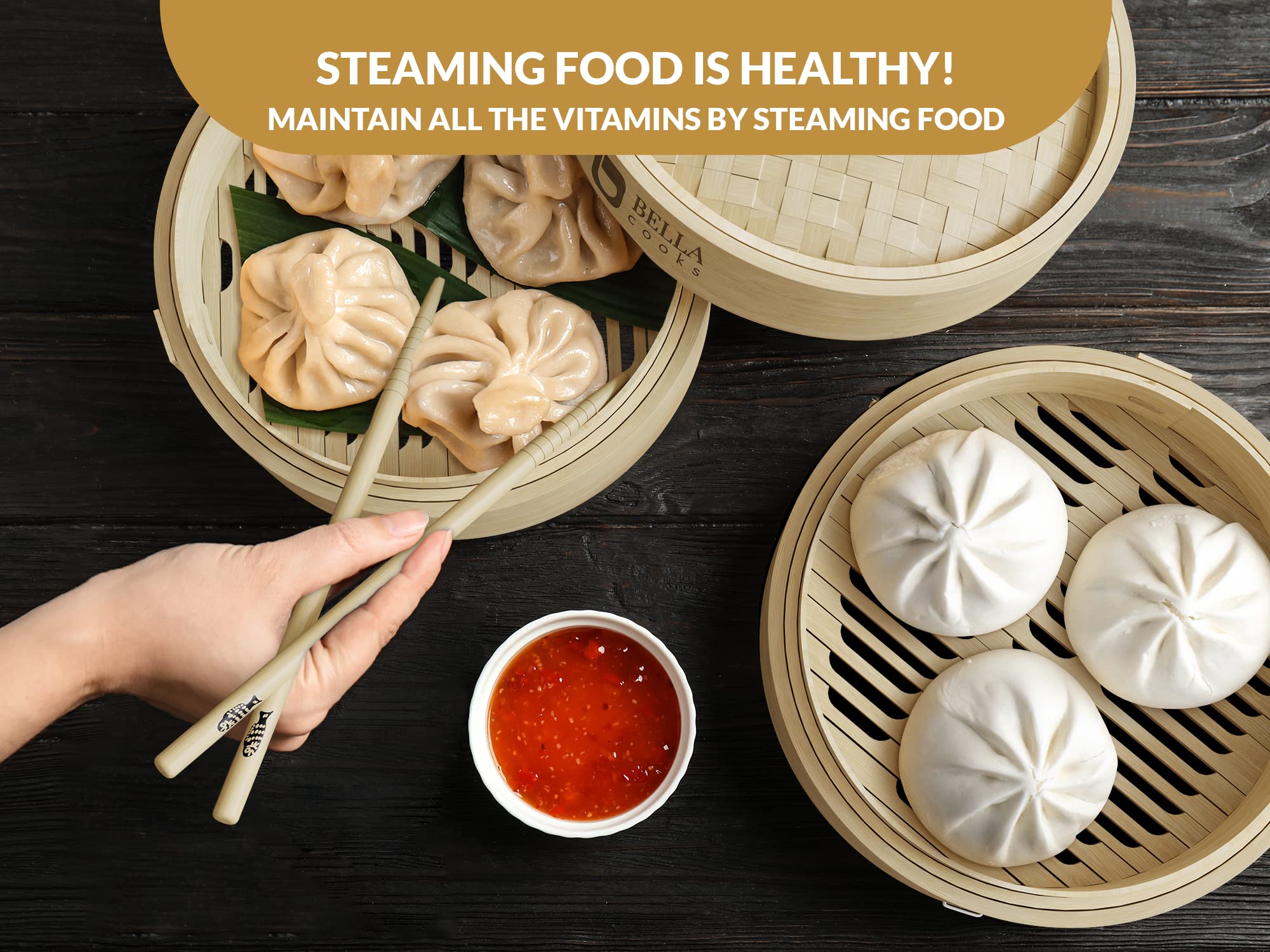 BELLA COOKS Bamboo Steamer for Cooking - Steamer Basket with a Ring - Fits every Pan & Pot - Dumpling Steamer - Incl. Extra Chopsticks & Silicone Liners