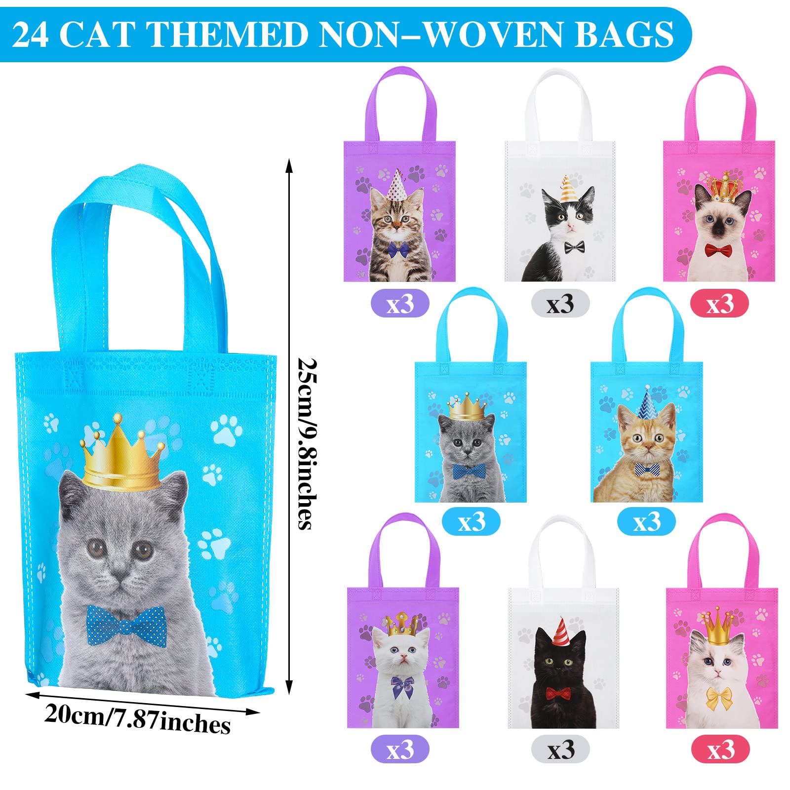 24 Pcs Cat Party Favor Bag Cute Cat Goodie Bags Pet Party Favor Bags Cat Themed Party Treat Bags Non Woven for Baby Shower Birthday Party Decoration Supplies